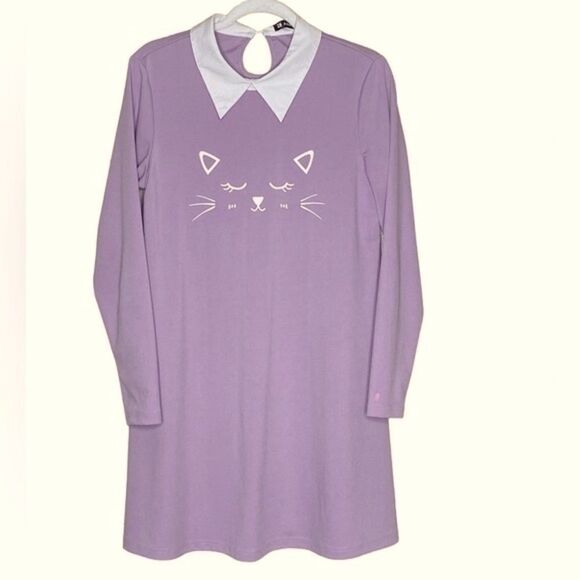 Allegra K Jr’s Sz Med Cat Face Purple Contrast Collar Flare Hem Above Knee Dress - Picture 1 of 6